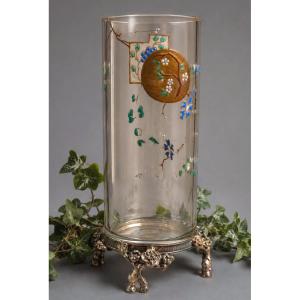 Baccarat "rouleau" Vase, Enameled Crystal On A Silver-plated Bronze Base, Circa 1870–1880, Japanese-style
