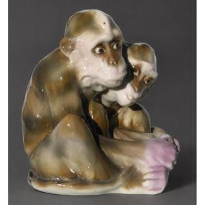 French Porcelain Set, Animal Motif, Pair Of Art Deco Monkeys, 1930s Monkey