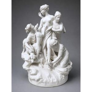 Groupe En Biscuit Naturel Diane Au Bain , Nymphe & levrier XIXe Style XVIIIe Louis-Simon Boizot