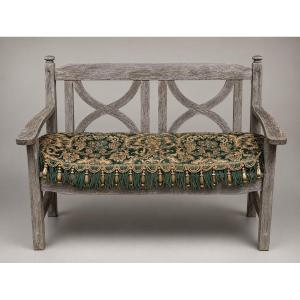 Grand Coussin de Banquette Style Napoléon III , Jacquard cuivre & vert , Passementerie Prelle