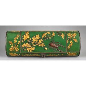 Painted Sheet Metal Entomologist's Box – Decorated With A Stag Beetle And Oak Leaves – 19th Century