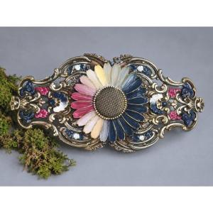 Boucle de ceinture ancienne en métal et émaux Art Nouveau Décor floral – XIXe siècle