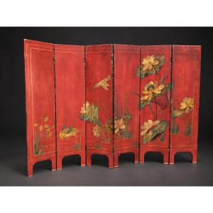 Paravent Asiatique , Laque De Coromandel , 6 Feuilles , Laque Rouge , XIXe siecle , Tete De Lit