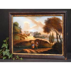 Peinture Fixé Sous Verre , époque XVIIIe Siecle , Scène Villageoise , Lac , Paysage Lacustre