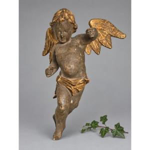 18th-century Polychrome Gilded Wooden Angel/putto, Cherub, Central Europe, Sculpture