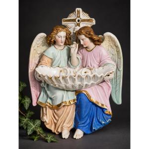 Large Wall-mounted Benitier, Polychrome Bisque, Napoleon III Period, Pair Of 19th-century Angels