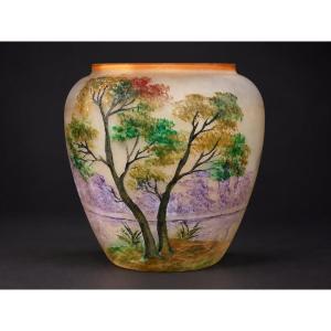 Vase Cratere En Verre Emaillé & Givré , Signé Leune , Décor Lacustre , Art Nouveau 1900 , 