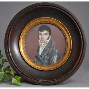 Miniature aquarellée, portrait d’homme en habit, époque Empire-Restauration, vers 1810 Dandy