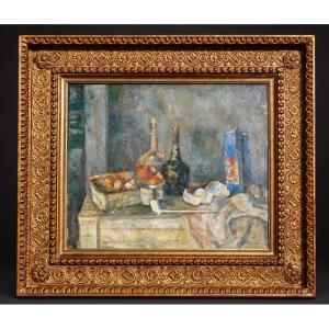 Robert Breitwieser – Still Life With A Bag Of Chicory, Oil On Canvas, 20th Century, Alsace