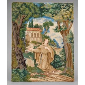 Large Religious Embroidery Of Saint Francis Of Assisi, Polychrome Silk, 19th Century, Tapestry