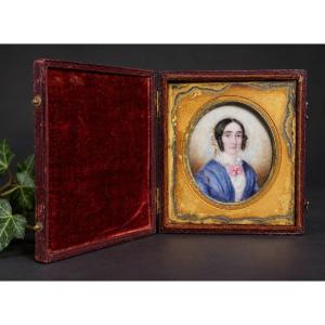 Portrait De Voyage Miniature De Femme De Qualité Epoque Napoleon III , Aquarelle XIXe , écrin