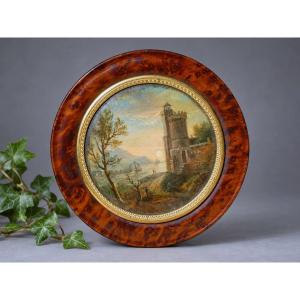 Tabatiere En Ronce De Noyer,  Miniature Peinte, Paysage Au Château – Époque Charles X , Boite