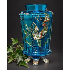 Auguste Jean Vase En Verre Bleu Turquoise émaillé Polychrome & Doré, XIXe siècle , Napoléon III