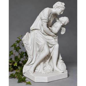Sculpture En biscuit D'après Jean-Baptiste Pigalle  L'Amour embrassant l'Amitié, XIXe , Groupe
