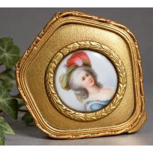 Boîte à Bijoux En Laiton Doré, Portrait De Marie-Antoinette à La Rose XIXe siècle , Ecrin