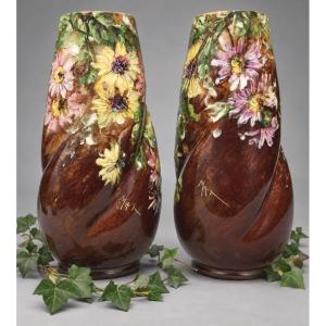 Paire De Grands Vases En Barbotine Impressionniste, Jérôme Massier Père, Décor Signé Max