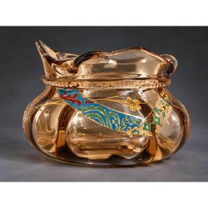 Auguste Jean Amber-colored Glass Vase, Enameled And Gilded, With Japanese-style Decor, Circa 1880, 19th Century, Art Nouveau