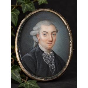 Broche Miniature Portrait D’homme À La Perruque – XVIIIe Siècle – Monture En Argent , Bijou
