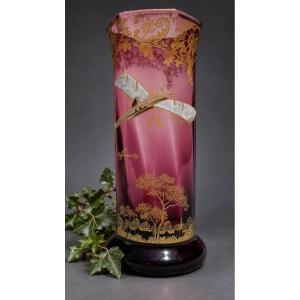 Vase Theodore Legras En Verre Améthyste à Décor D'Aviation, Aéroplanes & Paysage Doré1910