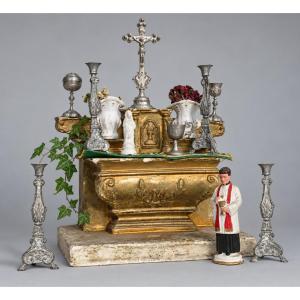 Antique Altar Set – Miniature Gilded Plaster Altar And Accessories – Circa 1900, Dinette