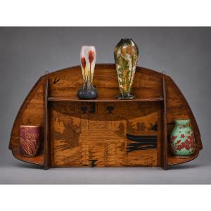 Art Nouveau Wall Shelf With Pyrographed And Stained Decor – Venetian Landscape – Circa 1920