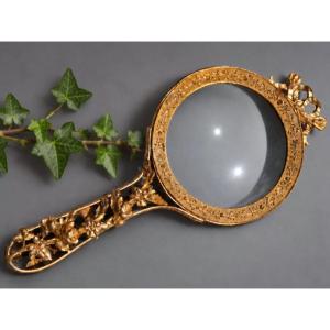 Desk Magnifying Glass, Louis XVI Style, Bronze & Gilded Brass, Napoleon III, 19th Century, Inkwell