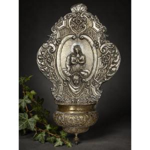 Bénitier Mural En Métal Argenté à Décor De La Vierge  XVIIIe siècle , Barroque 