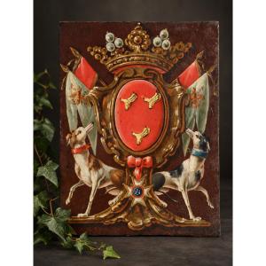 Panneau Héraldique Peint Armoiries Famille De La Personne De Lonvoisin XVIII Couronne Marquis