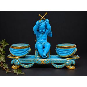 Samson Paris – Turquoise-blue And Gold Porcelain Inkwell Featuring "love As A Musician" – 19th Century