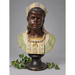 Terracotta Bust, Young Orientalist Woman, Nubian, 19th Century, Bernard Bloch, Napoleon III
