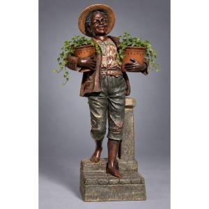 Large Polychrome Terracotta Figure – Young Flower Seller – 19th-century Orientalist