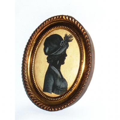 Miniature d'époque Directoire , Profil En Noir , Gouache XIXe , Portrait De Femme 