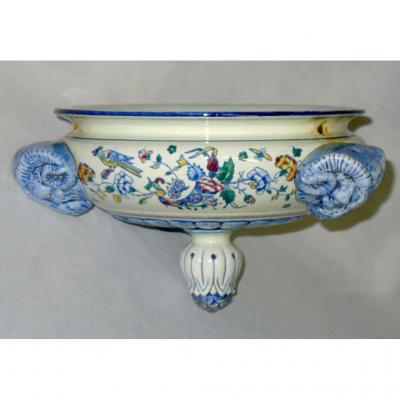 Suspended Faience Fine By Gien Decor Renaissance, Ceiling Lamp / Jardiniere XIXe