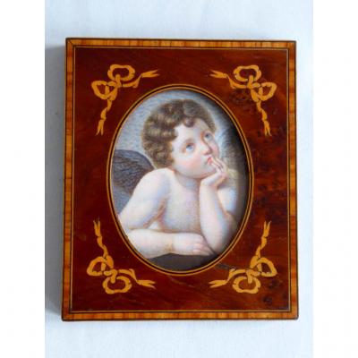Miniature Painting On Ivory, Cherub After Raphael Frame In Marquetry Nineteenth Napoleon III