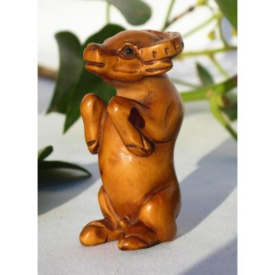 Netsuke En Bois Sculpté , Yeux En Sulfure , Sujet Animalier , Buffle Début XXe Siecle