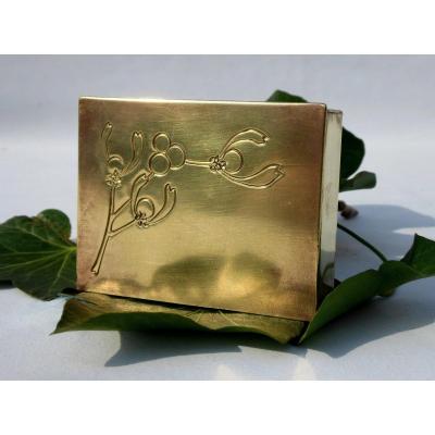 Golden Metal Stamp Box, 1900 Art Nouveau Style, Stamp, Nineteenth Mistletoe Decor