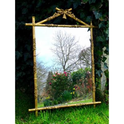 Mirror In Wood & Golden Stucco Period 1880, Ivy & Bamboo Decor, Art Nouveau, Nineteenth 1900