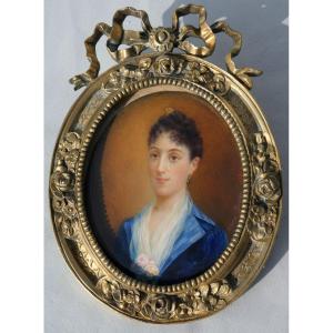 Grande Peinture Miniature  Portrait Jeune Femme 1880 Signé Anne Jumont Cadre Bronze