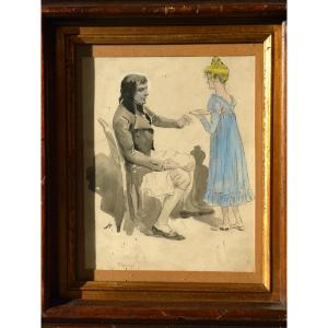 Watercolor Napoleon III Period, Bonaparte And Empire Style Servant; Nineteenth Drawing Signed Parys