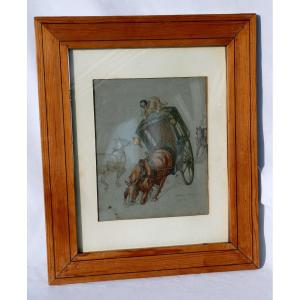 Watercolor 1900s Humorous Model Horse & Caleche Caricature Signed / Dated Drawing