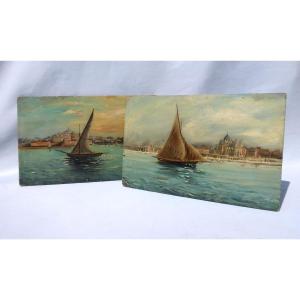 Pair Of Oil On Wood Panel, Seaside Study, Marseille Mediterranean, Navy Nineteenth