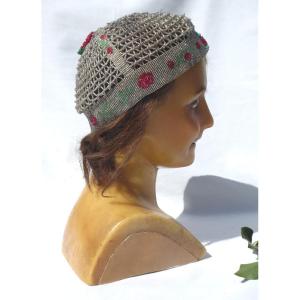 Headdress In Glass Beads Art Deco Period, Roaring Twenties Hat Bonnet 1920 Charleston