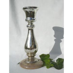 Candlestick In Eglomized / Mercurized Glass, Napoleon III Period, Nineteenth Flambeau Candlestick