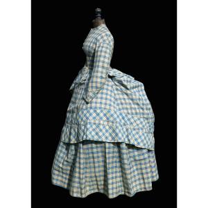 Robe De Jour Epoque Napoleon III , Crinoline XIXe , Costume En Etamine De Laine 1870 Carreaux  