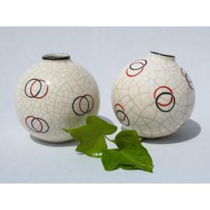 Pair Of Art Deco Ball Vases In Cracked Earthenware, White Geometric Decor 1930 Vase