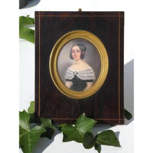 Large Miniature Painted, Portrait Of Young Woman In Crinoline Signed 1844 Felix Delmont