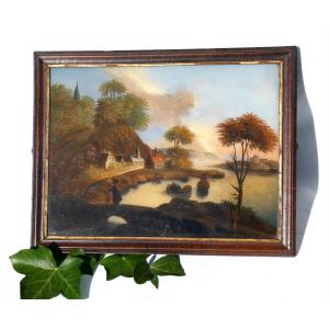 Large Painting Fixed Under Glass, Eighteenth Century Period, Village Scene, Lake