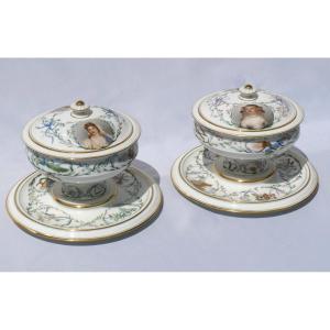 Paire De Compotiers / Drageoirs Porcelaine De Sèvres Epoque Napoléon III Portraits De Marquise De Sévigné , Henriette d'Angleterre