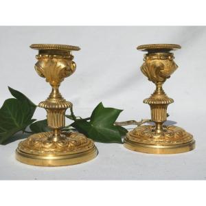 Paire De Bougeoirs En Bronze Doré , époque Napoléon III , XIXe Flambeaux Bout De Table