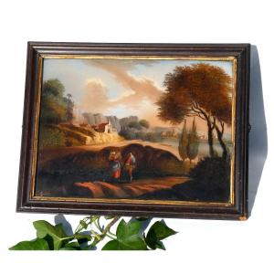 Large Painting Fixed Under Glass, Eighteenth Century Period, Village Scene, Lake